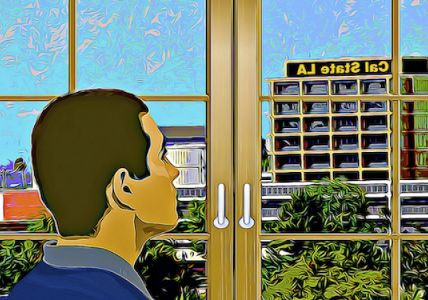 Vector of Sal Rojas looking at Cal State LA's Salazar Hall